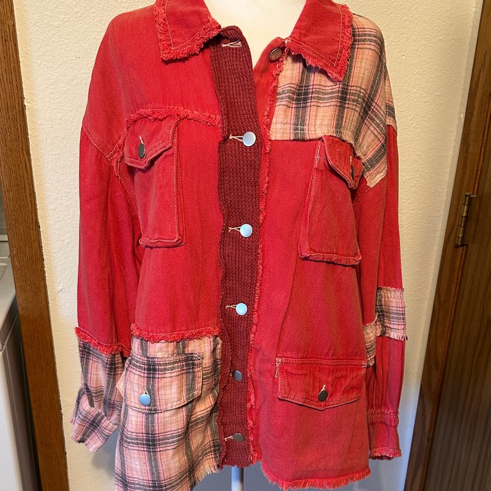 NWOT POL Red and Pink Patchwork Jean Jacket